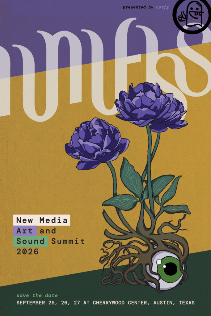 2026 COTFG New Media Art & Sound Summit poster created by Laurel Barickman of Recspec. The image contains purple flowers with leaves and roots that wrap around an eyeball. The text says, "Save the date for September 25, 26, 27 at Cherrywood Center, Austin, Texas"